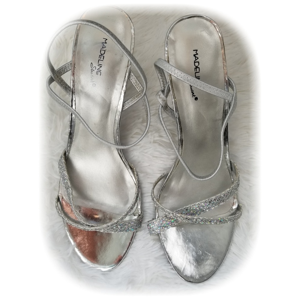 Women's silver iridescent strappy heels